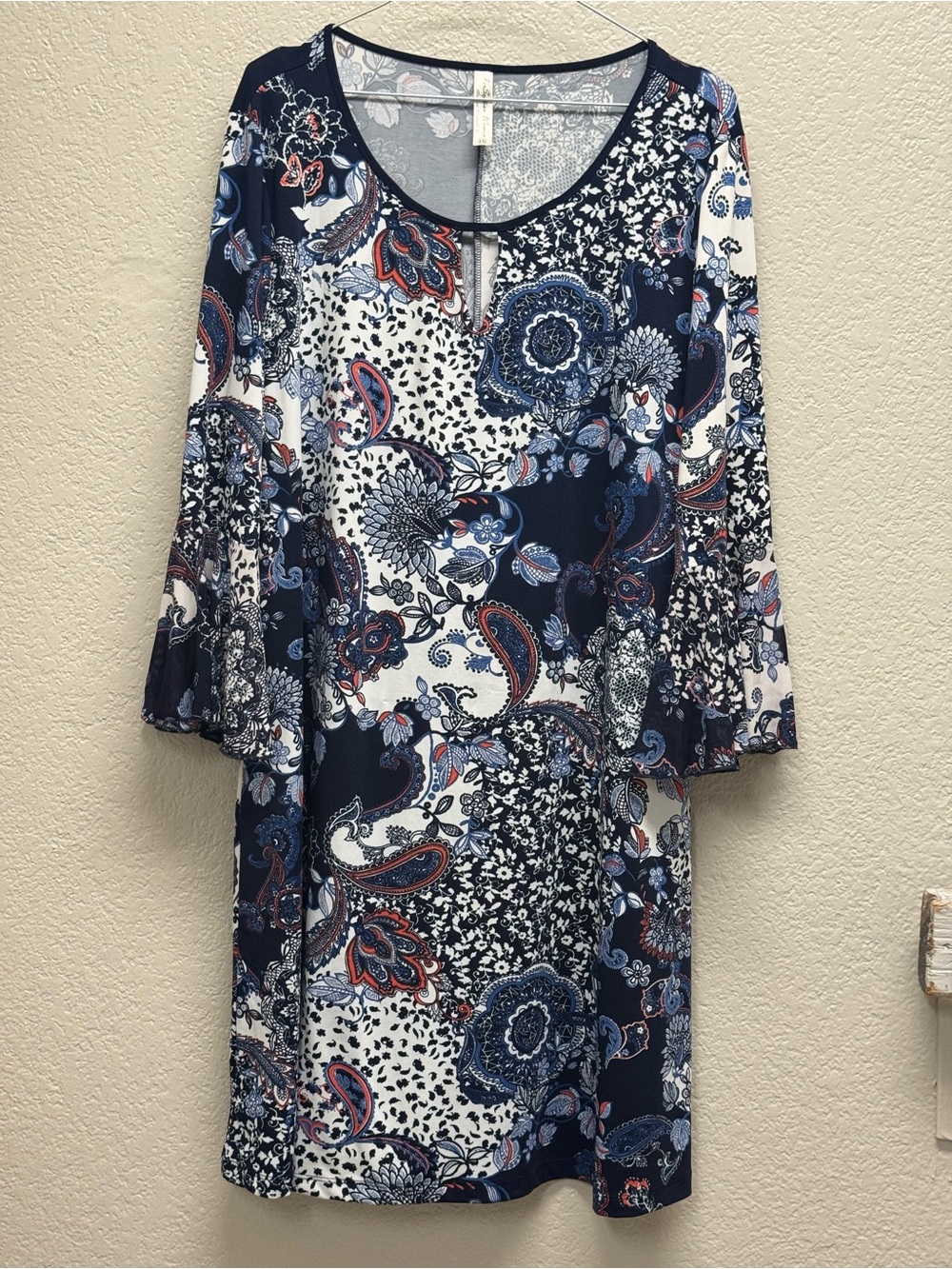 Perseption Navy and White Paisley Midi Dress with Red Accents 1X Pit 23-25 L 38”